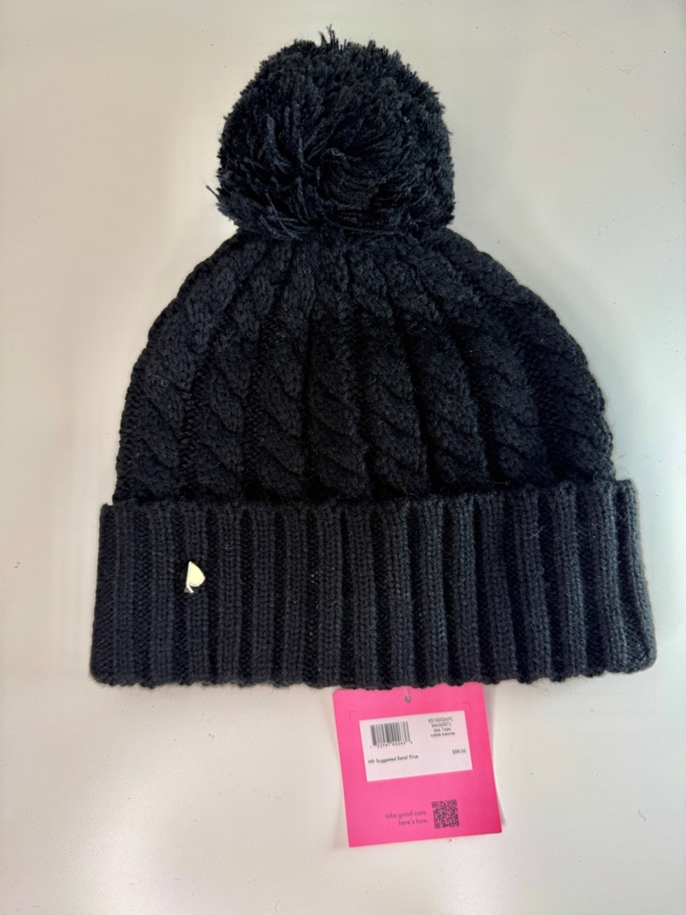 Kate Spade Cable Knit Pom Pom Beanie Hat Black One Size MSRP $58.00 New